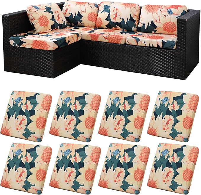 8Pcs Patio Cushion Covers,Outdoor Cushions Covers,Stretch Cushion Covers Replacement, Washable and Reusable Furniture Protectors(Sunflower)