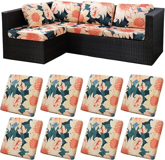 8Pcs Patio Cushion Covers,Outdoor Cushions Covers,Stretch Cushion Covers Replacement, Washable and Reusable Furniture Protectors(Sunflower)