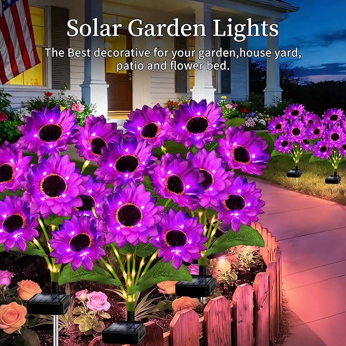 Solar Garden Lights Outdoor, 6 Pack Solar Purple Sunflower Lights with 18 Head 3.4 Inch Flowers, Waterproof Flowers Light Fall Decor Auto ON/Off for Garden Yard Patio Backyard, Gifts for Mom Women