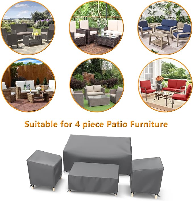 STARTWO Outdoor Patio Furniture Covers Waterproof 4-Piece Set, for Chairs 33in, Loveseat 58in, Coffee Table 46in, Grey