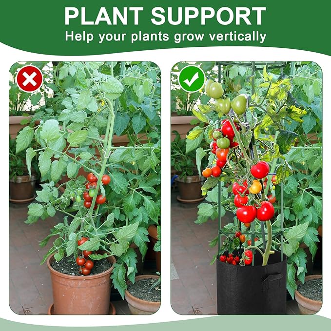 Wenqik 6 Packs Tomato Cage with 7 Gallon Grow Bags 47 Inch Tomato Planter with Trellis 18 Pcs Clips and 328ft Twist Tie Garden Tomato Pot for Vertical Climbing Plants Cucumber