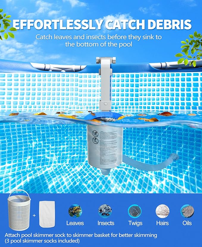 DeeprClean Upgrade Above Ground Pool Skimmer Comes with 3 Socks, Anti-tilt Wall Mount Surface Skimmer, Removable Skimmer Basket, Adjustable Height Bracket, Auto Skimming Pool Surface Leaves - Gray