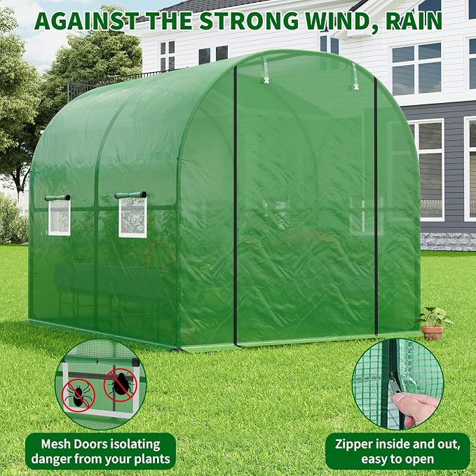 GarveeHome 6.6X8.2x6.6 Tunnel Greenhouses, Heavy Duty Walk-in Greenhouse for Outdoors with PE Cover, Instant Pop-Up Sturdy Metal Frame Hoop House with Zippered Roll-Up Door &4 Ventilated Mesh Windows