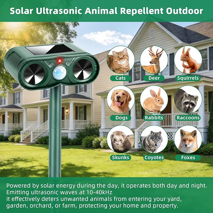 2026 New Solar Ultrasonic Animal Repeller Sonic Deer Repellent Devices -4 Pack Waterproof Motion Sensor Animal Deterrent Devices Outdoor Cat, Rabbit, Skunk,Squirrel,Racoon Repellent for Yard Garden