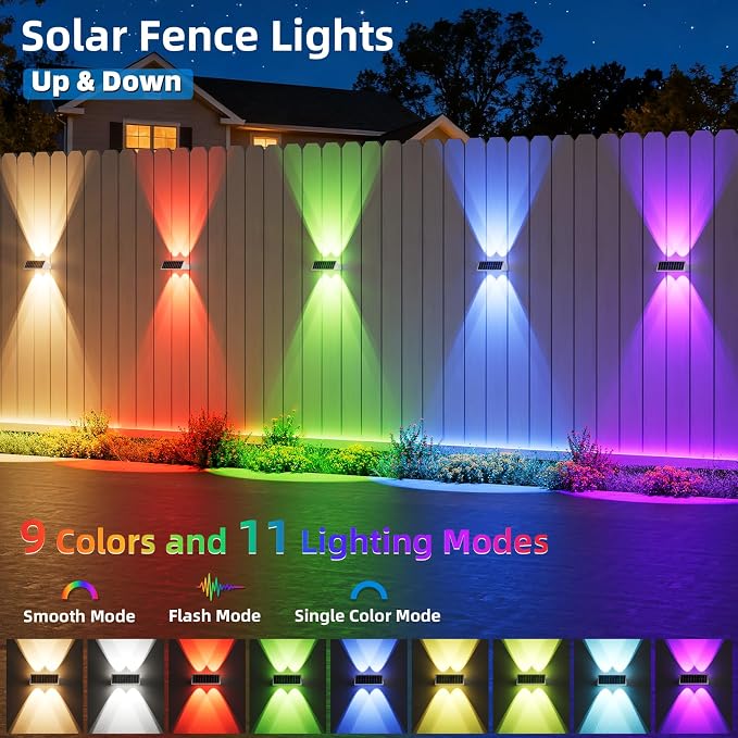 NIORSUN Solar Fence Lights Outdoor, 16 Pack Up and Down Waterproof Solar Wall Lights, Fence Lights with Lens, Warm & Cool White + RGB, Dusk to Dawn Lighting for Patio, Backyard, Pool, Railing (White)