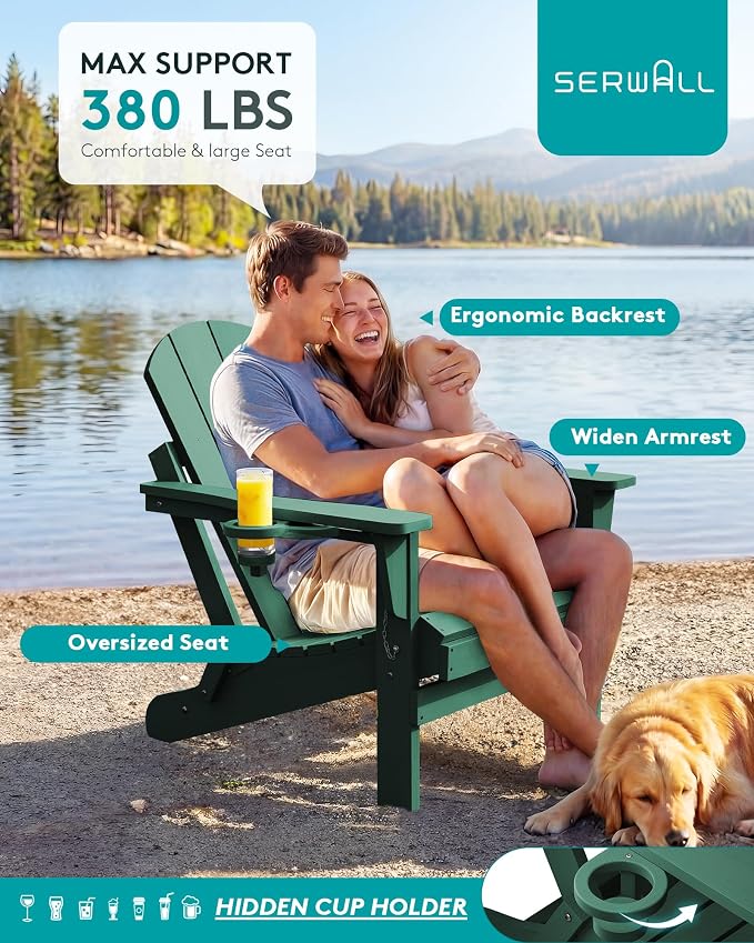 SERWALL Folding Adirondack Chair Set of 6, Painted Adirondack Chair with Cup Holder, Weather Resistant for Patio Deck Garden, Fire Pit & Lawn Furniture Porch - Green