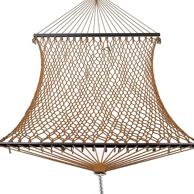 GAFETE 12ft Family Hammocks, Handwoven Traditional Cotton Rope Hammock with Hardwood Spreader Bar, Chains and Hooks for Indoor Outdoor, Max 450 lbs Capacity (Coffee Brown, Large)