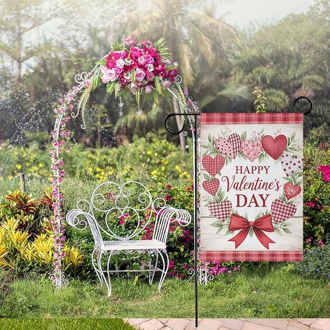 Pfrewn Valentine House Flag 28 x 40 Double Sided, Heart Wreath Wooden Garden Yard Flags Welcome Spring Outdoor Indoor Banner for Wedding Party Home Decorations