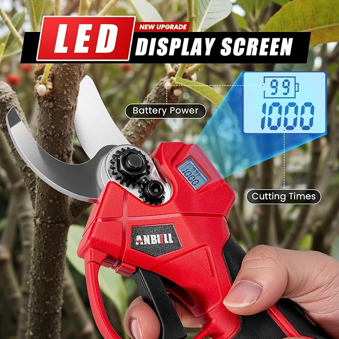 Upgraded Electric Pruning Shears, 1.6" Cutting Diameter Cordless Powered Pruner with LCD Display, Powerful Brushless Motor, 2×21V 2000mAh Batteries Electric Pruner for Tree Trimming Garden