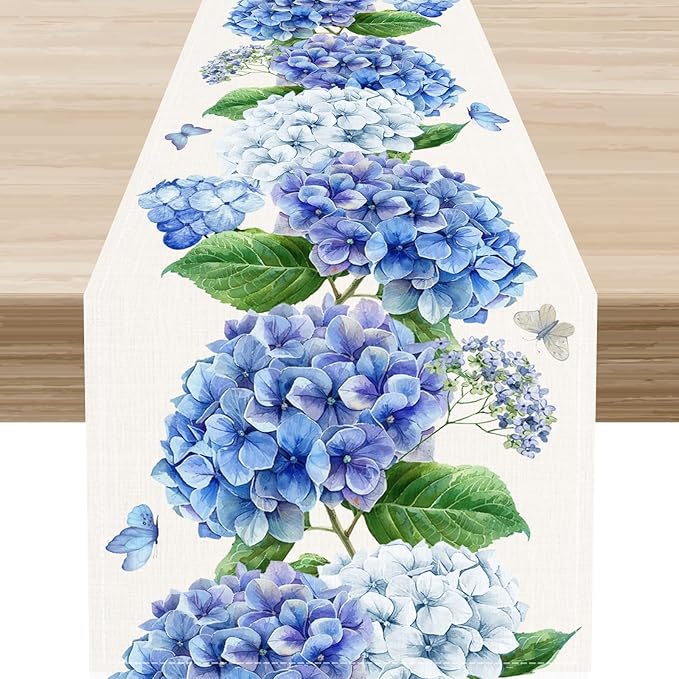 Blue Floral Table Runner, Rustic Watercolor Hydrangea Spring Summer Seasonal Flower Butterfly Coffee Table Center Decor for Family Kitchen and Dining Party FarmhouseTable Decorations, 13"x108"