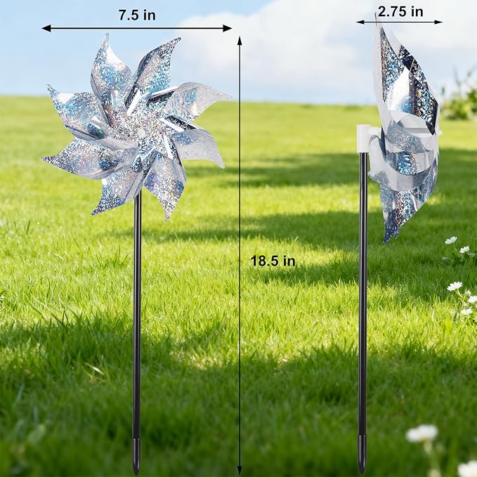 Hausse 12 Pack Reflective Pinwheels with Stakes (Pre-Assembled), Extra Sparkly Pin Wheel for Garden Decor, Bird Repellent Devices Deterrent to Scare Birds Away from Yard Patio Farm, Silver