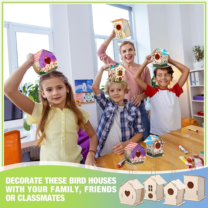 DoubleFill 48 Pcs Bulk Wooden Bird Houses Kits for Kids Mini Bird House for Craft DIY Unfinished Wood Birdhouse to Paint, Build for Children Wooden Arts Classroom Activity, 4 Styles