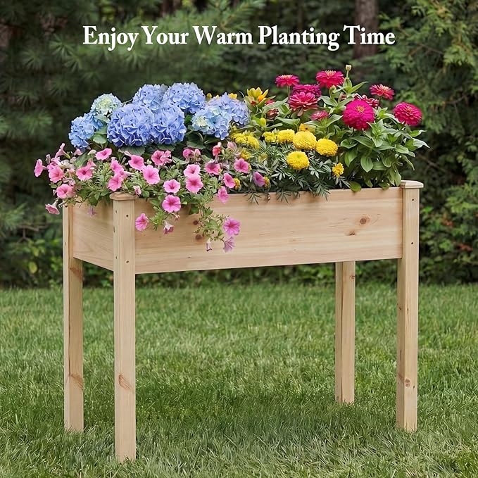 DUMOS Raised Garden Bed with Legs, 34x18x30 Inch Planter Box Outdoor with Liner for Herbs Flowers Vegetables, Elevated Wooden Garden Bed for Patio, Balcony and Backyard, Natural Wood