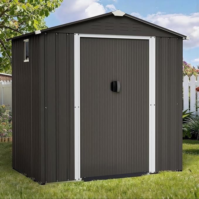Shintenchi 6x4 FT Outdoor Storage Shed with Window, Lockable Outdoor Waterproof Tool Storage Sheds, Weather Resistant Tool Storage House Shed for Garden, Backyard,Patio Utility Tool Storage,Steel Grey