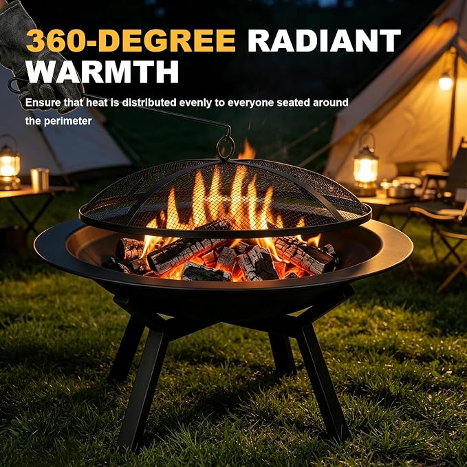 Outdoor Wood Burning Fire Pit, Heavy Duty Round Steel Fire Bowl for Backyard, Patio, Camping, Bonfire, Black Finish, with Mesh Spark Screen and Hook