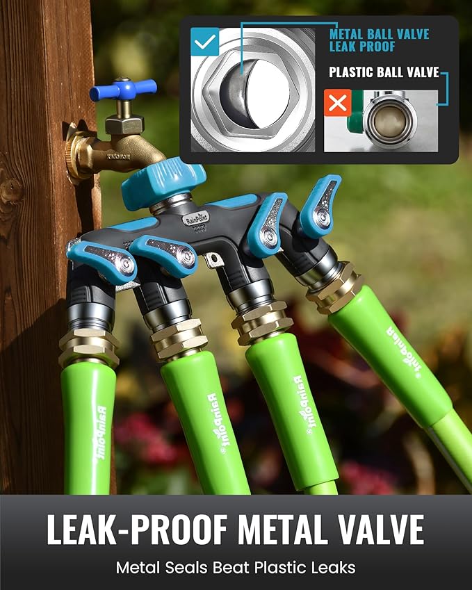 RAINPOINT 4 Way Garden Hose Splitter, 100% Metal Heavy Duty Water Hose Splitter with Individual Shut-Off Valves, 3/4" GHT High Flow Outdoor Faucet Splitter, 1.81" Extra Long Handle (Blue)