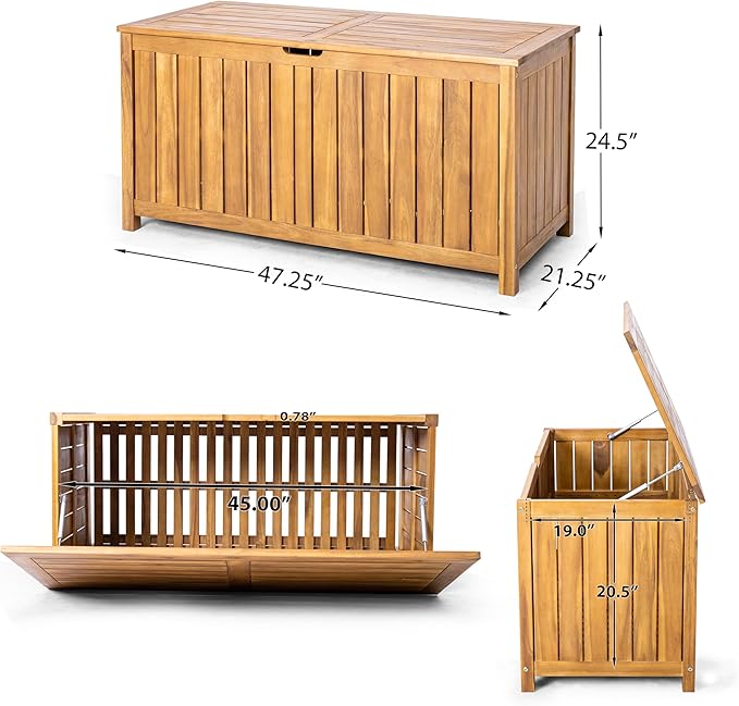 Christopher Knight Home Wood Cabinet Box, Slat Panel Storage Cabinet, Storage Organzier with Easy Open Lid Hinges, Easy Assembly, Outdoor Patio 100 Gallon Acacia Wood Deck Storage Box, Teak