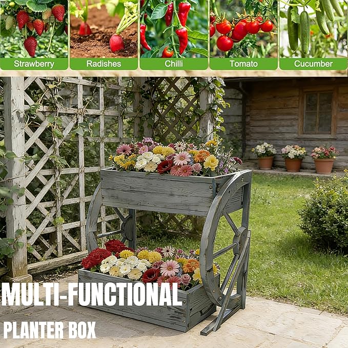 2 Tier Medium Wooden Wagon Planter Box|Outdoor Planter/Flower Pot for Indoor&Outdoor Plants-Rustic Garden Planter for Patio,Porch&Garden Decor-Raised Garden Bed for Succulents,Herbs,Vegetables