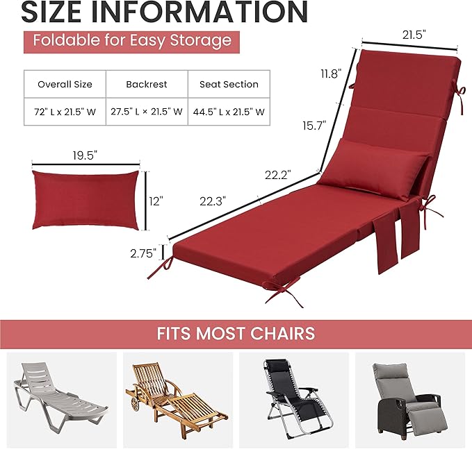Crestlive Products Foldable Outdoor Chaise Lounge Cushions with Head Pillow and Side Pockets,Water Repellent & Fade Resistant Lounge Chair Cushion, 72''L x 21''W, Set of 2, Chili
