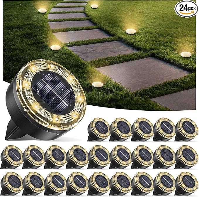 vighep Mini Solar Ground Lights, 24 Pack Solar Lights Outdoor Waterproof, Upgraded LED Flat Landscape Lighting for Outside Pathway Garden Patio Yard Driveway,Warm White