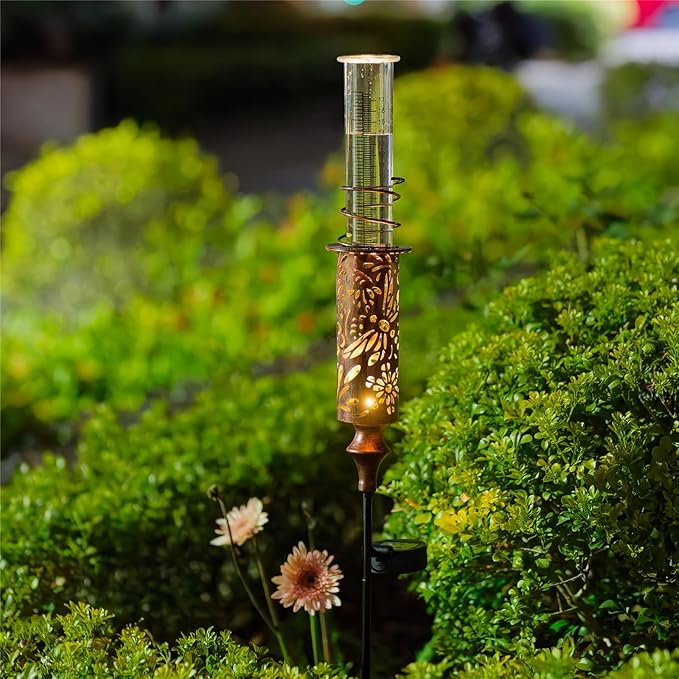 Copper Solar Rain Gauge Outdoor and 12" Bronze Sunflower Metal Outdoor Thermometer for Garden Patio Home Decor