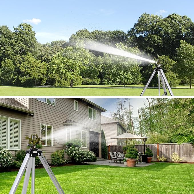 Impact Sprinkler Head on Tripod Base, Heavy Duty Lawn Sprinklers, 360 Degree Large Area Irrigation, Metal Sprinkler Nozzle with Solid Alloy Metal Extension Legs (36in)