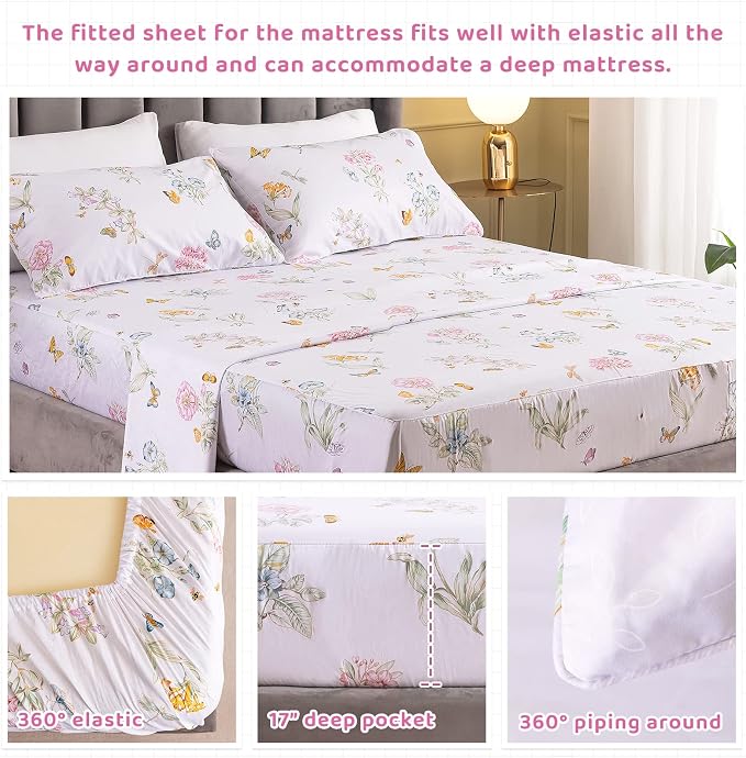 QSH Floral Queen Size Sheet Sets - Flower Butterfly Print Pattern Egyptian Cotton Printed Bedding Sheets Queen Size Bed Extra Soft and Breathable 4pcs Deep Pockets Bed Sheets