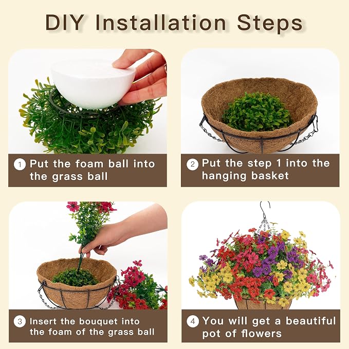 Senjie 3 Set Artificial Hanging Flowers with Basket for Outdoor Decor, UV Resistant 36 Bundles Faux Flowers Fake Hanging Planter for Porch Patio Balcony