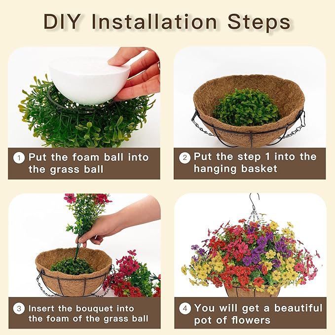 Senjie 4 Set Artificial Hanging Flowers with Basket for Outdoor Decor, UV Resistant 48 Bundles Faux Flowers Fake Hanging Planter for Porch Patio Balcony
