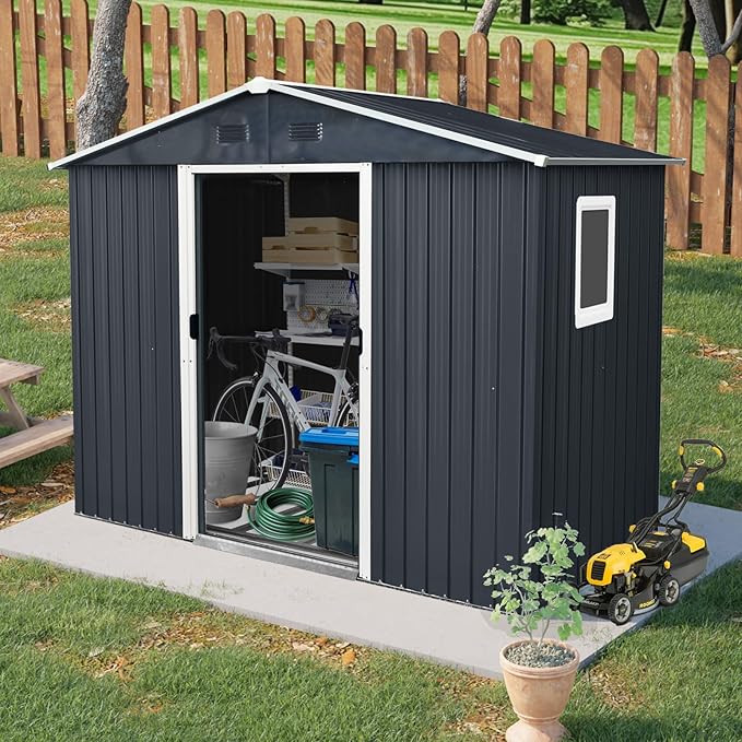 8x4 FT Outdoor Metal Storage Shed with Window, Galvanized Steel Garden Shed, Lockable Sliding Door, Sloped Roof, Ventilated Tool Storage House with Foundation Kit for Backyard Lawn, Black+White