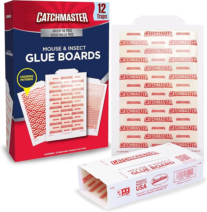 Catchmaster Extra Sticky Insect & Mouse Traps 12-Count, 5.3"x8" Glue Boards for Mice & Insects, Ultra Sticky Rat & MouseTraps Indoor for Home Use in Garages, Basements & Attics, Pest Control for Home