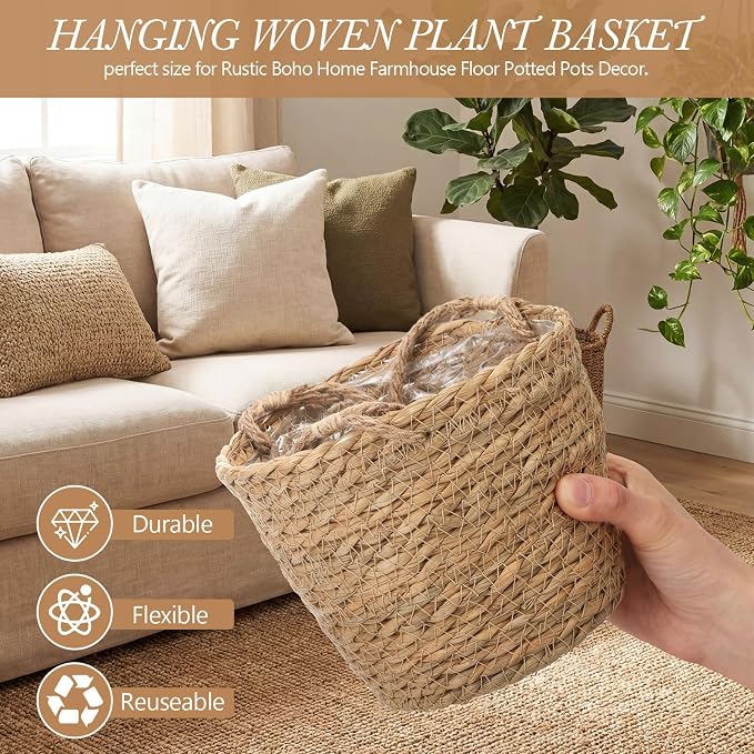 12 Pcs Seagrass Hanging Planter Basket Hand Woven Plant Basket with Plastic Liners Hanging Plant Holder Storage Containers with Cotton Rope for Indoor Garden Decor (Small,Brown)