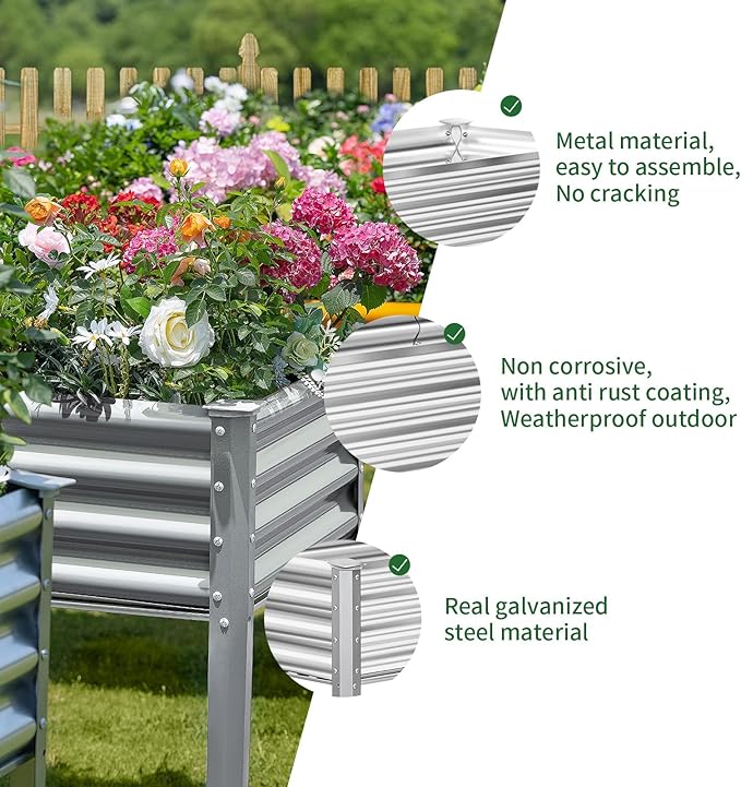 Land Guard Galvanized Raised Garden Bed with Legs, 96×24×32in Raised Garden Beds Outdoor with Drainage Holes, Planter Boxes Outdoor for Backyard, Patio, Balcony, 1200lb Capacity, Silver