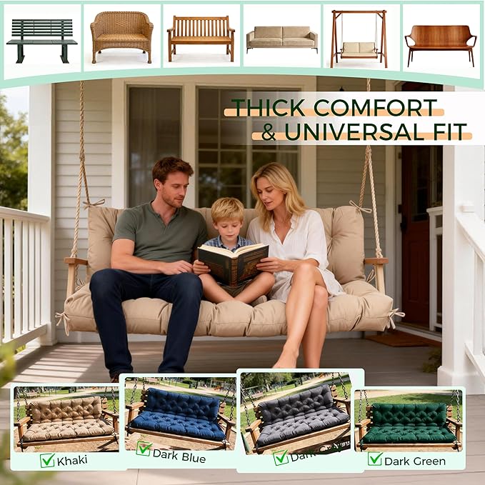 Porch Swing Cushions 60 Inch,Waterproof Patio 2 3 Seater Replacement for Outdoor Furniture with Backrest&Strap,Thick 4" Swing Seat Cushion for Loveseat Garden Glider Bench Lawn Backyard,Dark Blue