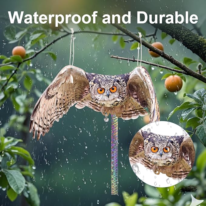 Plastic Owls to Scare Pigeon Away from Porch, 4PCS Fake Owl to Keep Woodpecker Away for House with Reflective Tape, Flat Garden Owls, Squirrel Pigeon Scare Devices, Hanging Owl Decor for Outdoor