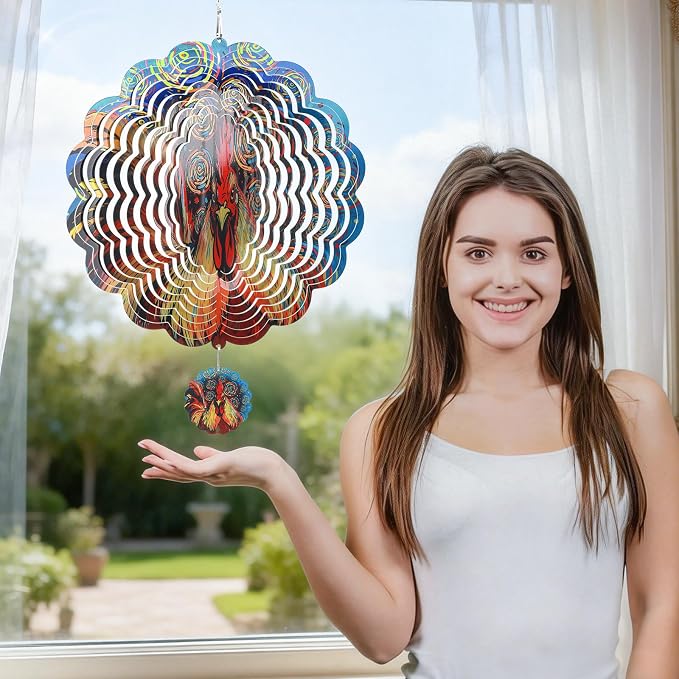 Rooster Wind Spinners Outdoor for Mother's Day, IDEA SHOW 12In Stainless Steel Wind Spinners, 3D Kinetic Hanging Sculpture, Rustproof Metal Garden Decor Ornaments for Yard Art, Women, Men, Holidays