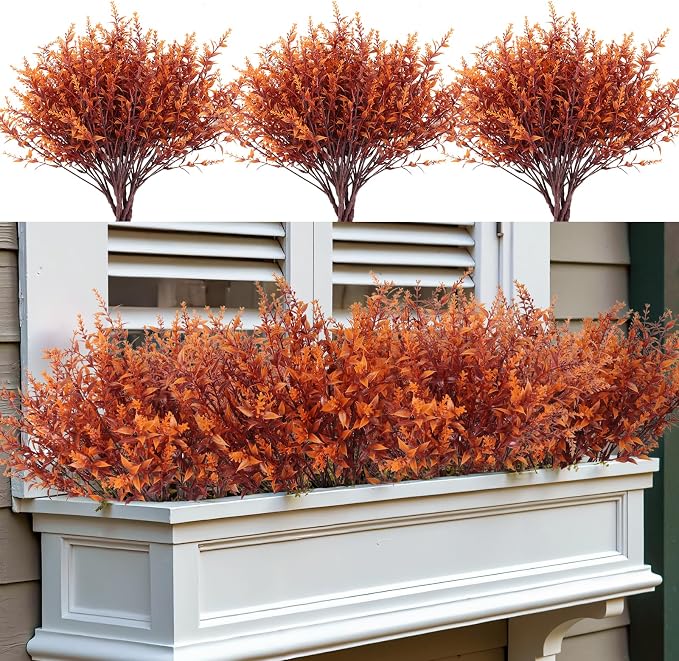 RECUTMS Outdoor Faux Plants Fall Fake Lavender Plants UV Resistant Artificial Greenery Artificial Flowers Indoor 8Pcs Fake Outside Flowers for Balcony Window Garden Thanksgiving Decorations (Brown)