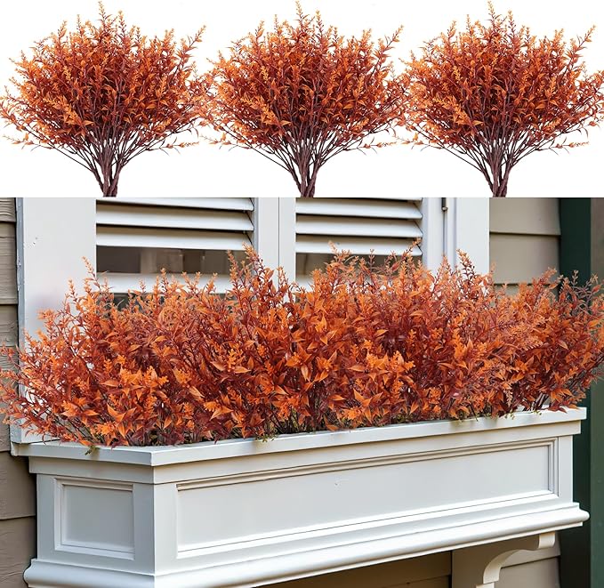 RECUTMS Faux Greenery Fake Lavender Fall Plants 20Pcs Fade Resistant Outdoor Flowers Faux Autumn Plants Fake Flowers Bulk Artificial Greenery for Porch Office Bathroom Fall Party Decorations (Brown)