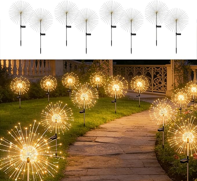 Solar Fireworks Lights for Outside,150 LED 8 Mode Firework LED Solar Fairy Lights Twinkling Tree Outdoor for Garden Yard Landscape Patio Lawn Wedding Christmas Part Decor Warm White (8 Pack)