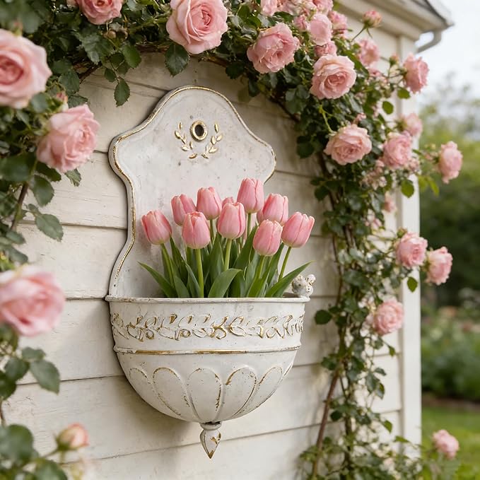 Vintage Distressed White Metal Wall Planter, Rustic Hanging Pocket Planter with Scrollwork & Scalloped Design, Farmhouse Wall Decor for Indoor & Covered Outdoor Garden, Porch & Entryway (White Gold)