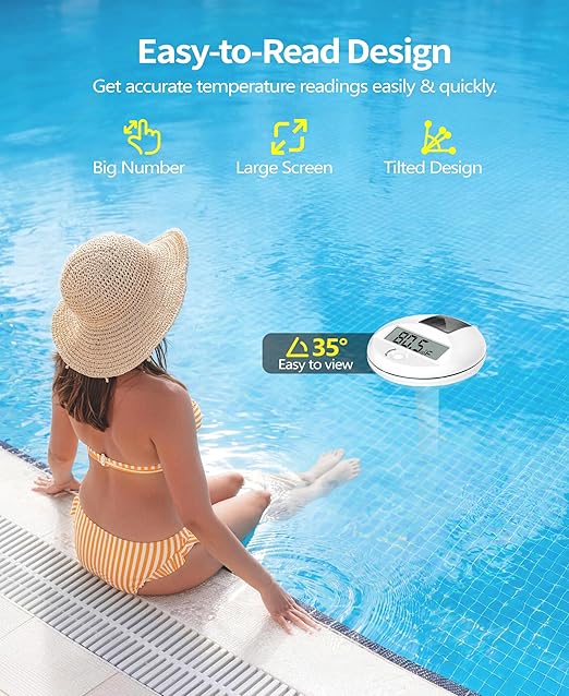 Sinbyuer 2026 Solar Digital Pool Thermometer with Rope | Easy Read Large LCD Display & Big Numbers Floating Pool Thermometer | High Precision & IP68 Waterproof Pools Temperature Gauge for Spa - White