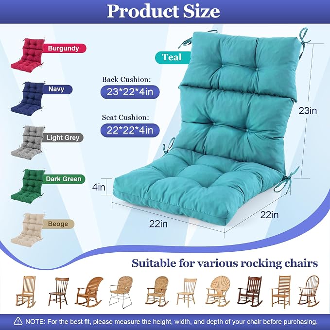 Rocking Chair Cushion, Waterproof and Fade-Resistant Adirondack Rocker Cushions, Indoor/Outdoor Rocking Chair Pads, High Back Memory Foam Patio Furniture Cushions with Ties, 44x23x4 Inch, Teal
