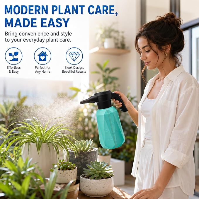 Battery Powered Sprayer, 1/2 Gallon Electric Spray Bottle with 2200mAh Battery 3H Runtime, 3 Speeds 2 Nozzles, Flexible Rubber Wand, Transparent Tank with Measuring Cup Cap, Blue