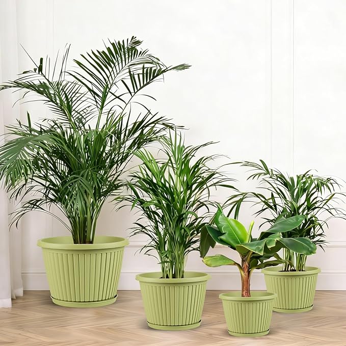 12-inch-Planters-for-Outdoor-Plant，Plastic Indoor Flower Pots with Drainage Holes & Saucer，4 Packs Decorative Garden Pots for Plantfor Home Porch Decor