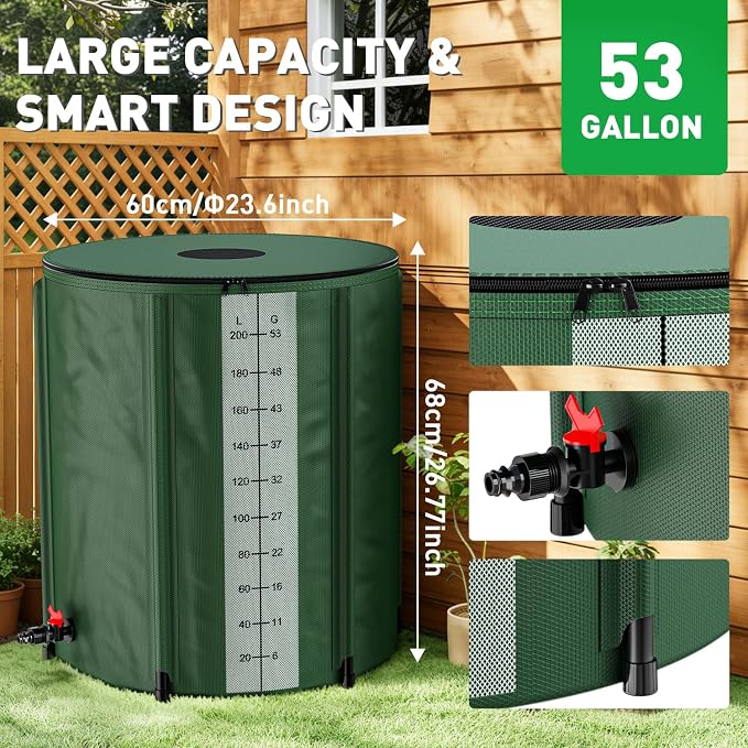 Yesker Collapsible Rain Barrel, 53 Gallon Portable Rainwater Collection System, 550D PVC Water Storage Tank, Rain Catcher with Spigots Filter Overflow Kit, Green