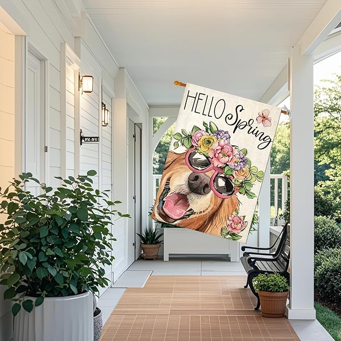 Hello Spring House Flags for Outdoor Decoration, Dog with Flowers Hat Large Yard Flag, Seasonal Decorative Celebration Decor for Summer Farmhouse Holiday Outside 28x40 Inch Vertical Double