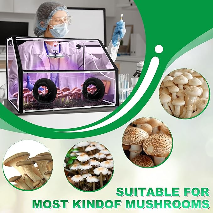 Meonum Large Still Air Box Mushroom Grow Tent, 30x20x20 in Mycology Fume Hood Propagation Stations with LED Growing Light and Thermometer, Monotub Kit for Grow Bags, Growers, Home Scientists(Clear)