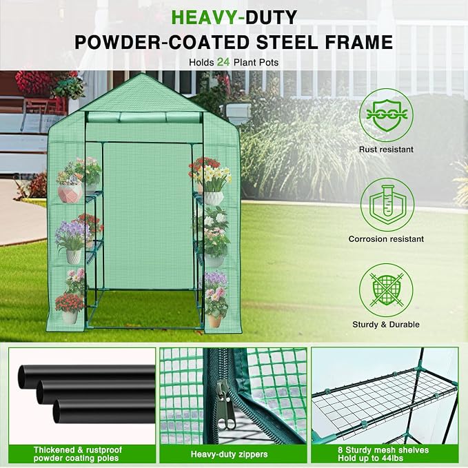 Yesker Greenhouse 57.5"x57"x77" Walk in Green House - Large Outdoor/Indoor Greenhouses with 8 Shelves Waterproof PE Cover & Windows, Portable Greenhouse Kit for Winter Backyard Gardening Patio, Green