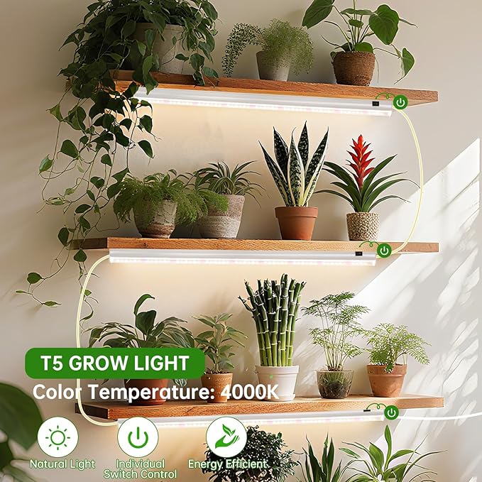 T5 Grow Lights, 2FT 120W (8×15W, 1000W Equivalent), Full Spectrum Grow Lights for Indoor Plants, 4000K, Plug and Play, Easy to Install, for Greenhouse & Plant Shelves (8 Pack)
