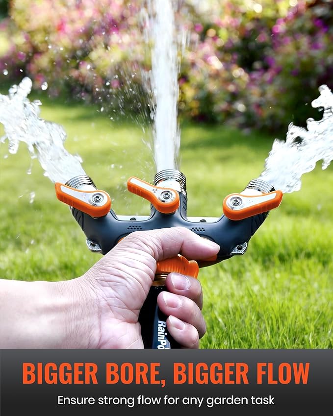 RAINPOINT 3 Way Hose Splitter, 100% Metal Heavy Duty Garden Hose Splitter With 1.9" Extra Long Handle & Individual Shut Off, 3/4 Inch GHT Thread Water Hose Connector For Spigot Faucet (Orange)